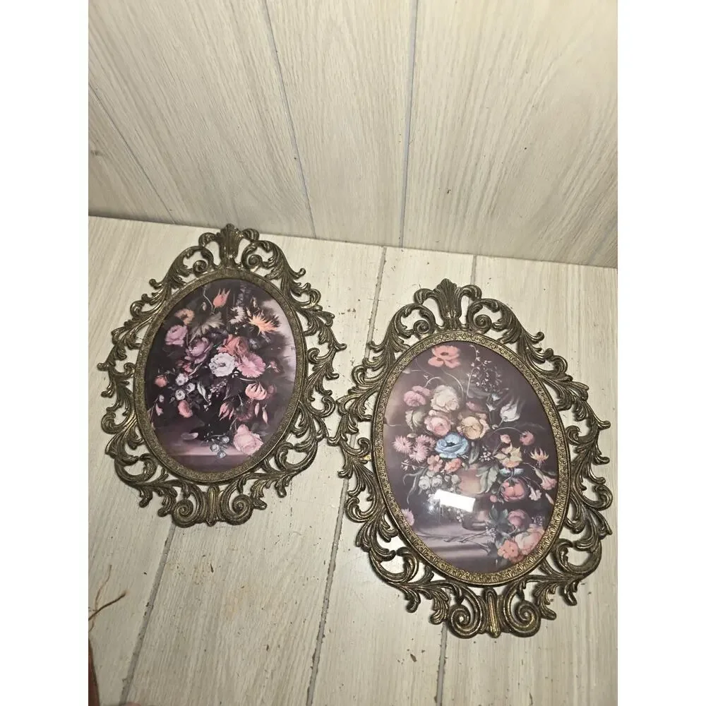 Vintage Set Of Italian Ornate Brass Framed Oval Prints Convex Bubble Glass 10x13